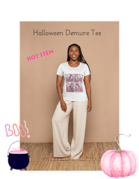 a woman wearing a t - shirt with the words halloween demurs tea